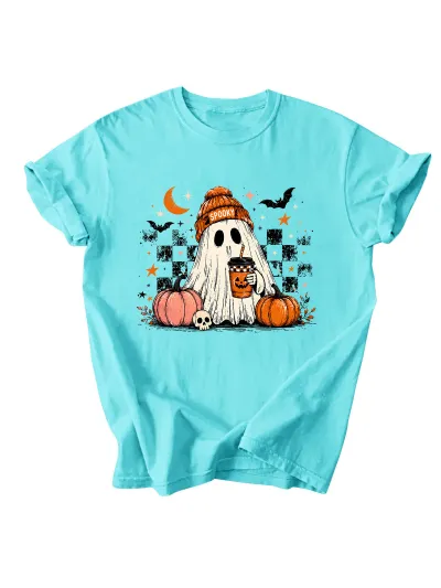 Halloween Women Fashion Casual Ghost Pumpkin Milk Tea Bat Printed Short Sleeve T-Shirt