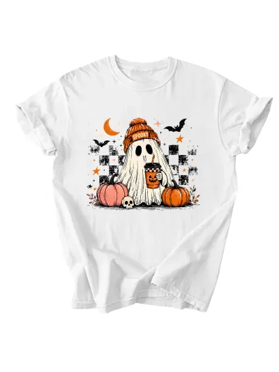 Halloween Women Fashion Casual Ghost Pumpkin Milk Tea Bat Printed Short Sleeve T-Shirt