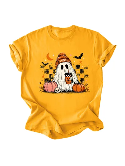 Halloween Women Fashion Casual Ghost Pumpkin Milk Tea Bat Printed Short Sleeve T-Shirt