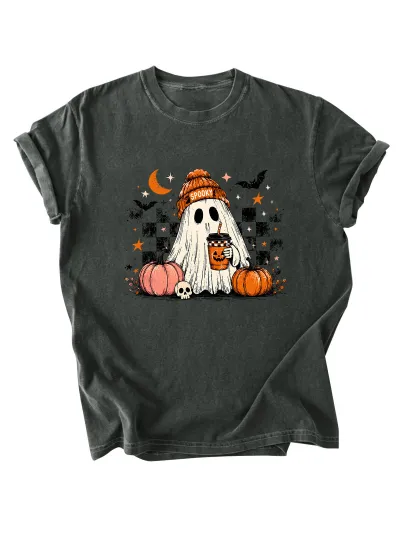 Halloween Women Fashion Casual Ghost Pumpkin Milk Tea Bat Printed Short Sleeve T-Shirt