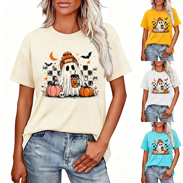 Halloween Women Fashion Casual Ghost Pumpkin Milk Tea Bat Printed Short Sleeve T-Shirt