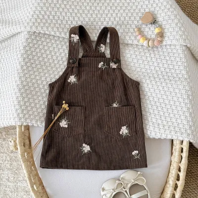 Kids Baby Girl Spring And Autumn Corduroy Flower Embroidered Strapped Dress