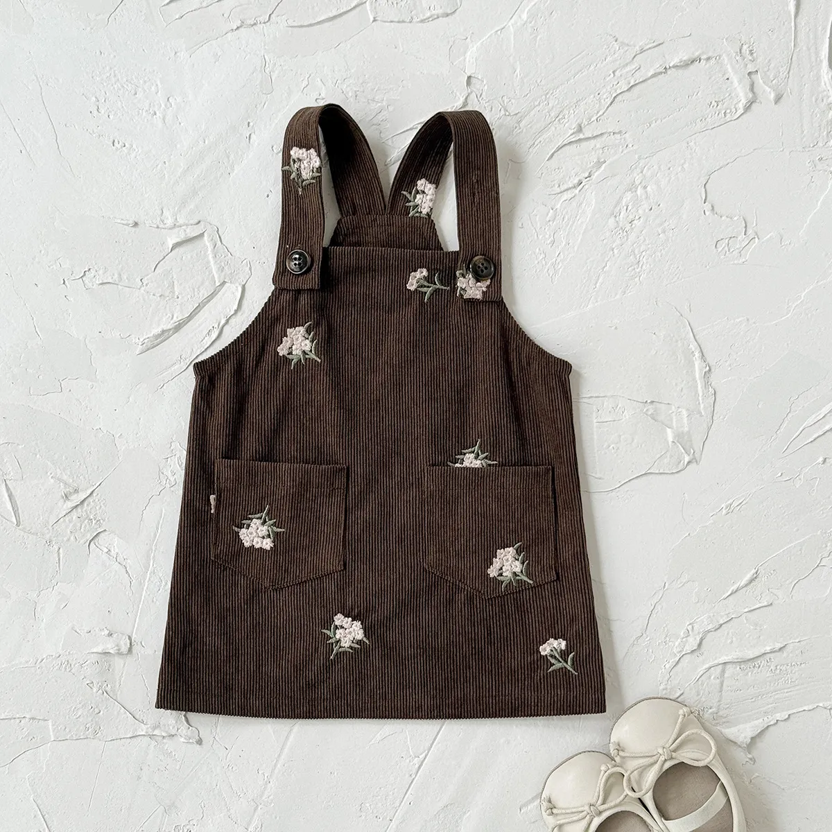 Kids Baby Girl Spring And Autumn Corduroy Flower Embroidered Strapped Dress