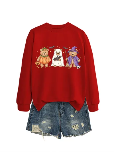 Halloween Women Fashion Casual Cute Three Bear Bat Five-Pointed Star Printed Long-Sleeve Sweatshirt