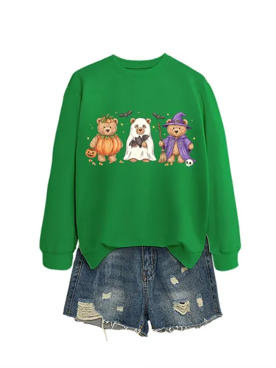 Halloween Women Fashion Casual Cute Three Bear Bat Five-Pointed Star Printed Long-Sleeve Sweatshirt
