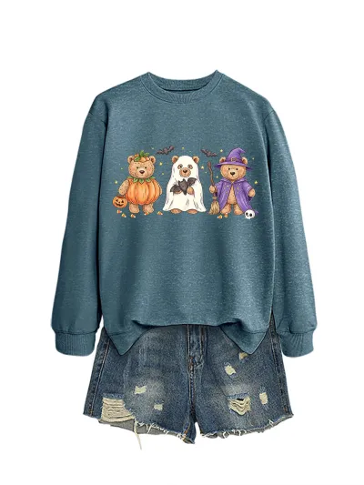 Halloween Women Fashion Casual Cute Three Bear Bat Five-Pointed Star Printed Long-Sleeve Sweatshirt