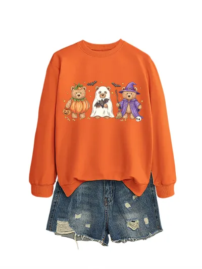 Halloween Women Fashion Casual Cute Three Bear Bat Five-Pointed Star Printed Long-Sleeve Sweatshirt