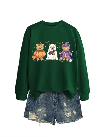 Halloween Women Fashion Casual Cute Three Bear Bat Five-Pointed Star Printed Long-Sleeve Sweatshirt