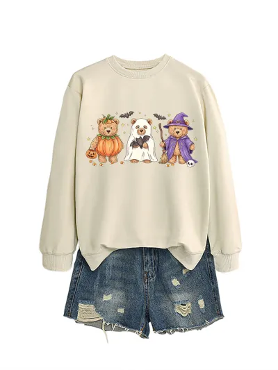 Halloween Women Fashion Casual Cute Three Bear Bat Five-Pointed Star Printed Long-Sleeve Sweatshirt