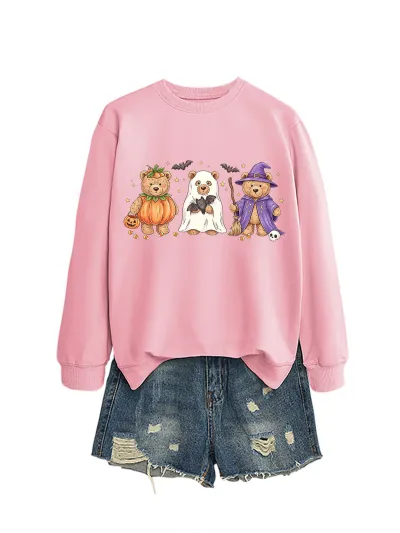 Halloween Women Fashion Casual Cute Three Bear Bat Five-Pointed Star Printed Long-Sleeve Sweatshirt