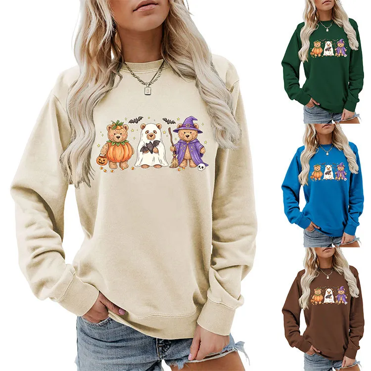 Halloween Women Fashion Casual Cute Three Bear Bat Five-Pointed Star Printed Long-Sleeve Sweatshirt
