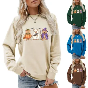 Halloween Women Fashion Casual Cute Three Bear Bat Five-Pointed Star Printed Long-Sleeve Sweatshirt