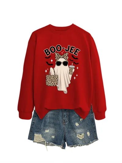 Halloween Women Fashion Cuteboo Jee Leopard Ghost Bat Printed Long Sleeve Sweatshirt
