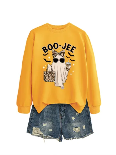 Halloween Women Fashion Cuteboo Jee Leopard Ghost Bat Printed Long Sleeve Sweatshirt