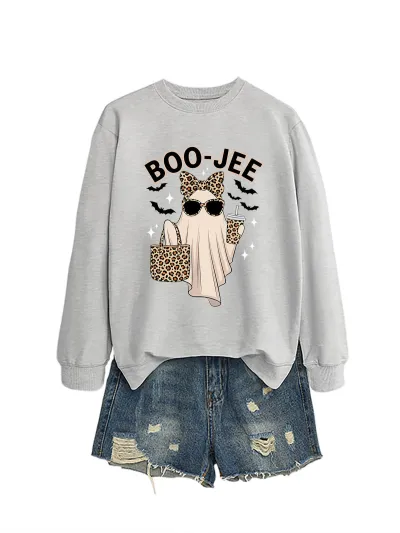 Halloween Women Fashion Cuteboo Jee Leopard Ghost Bat Printed Long Sleeve Sweatshirt