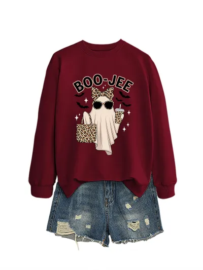 Halloween Women Fashion Cuteboo Jee Leopard Ghost Bat Printed Long Sleeve Sweatshirt