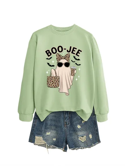 Halloween Women Fashion Cuteboo Jee Leopard Ghost Bat Printed Long Sleeve Sweatshirt
