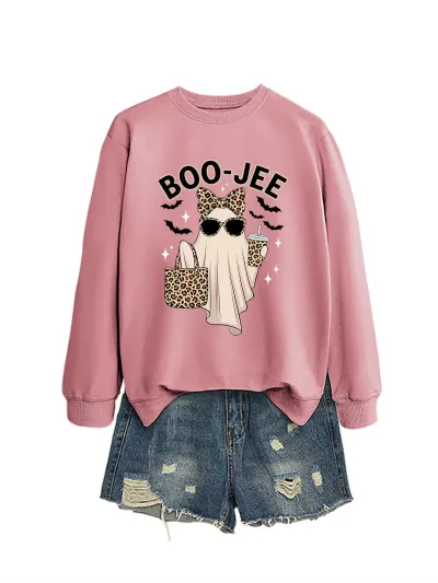 Halloween Women Fashion Cuteboo Jee Leopard Ghost Bat Printed Long Sleeve Sweatshirt