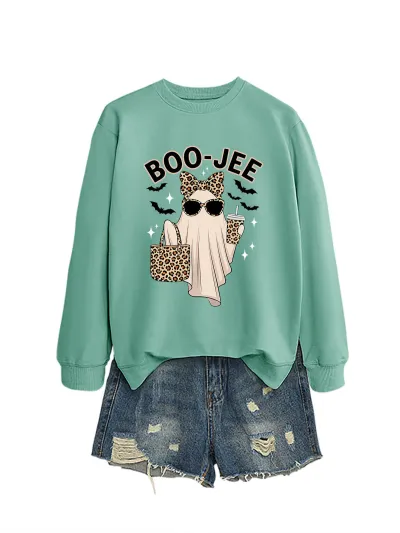 Halloween Women Fashion Cuteboo Jee Leopard Ghost Bat Printed Long Sleeve Sweatshirt