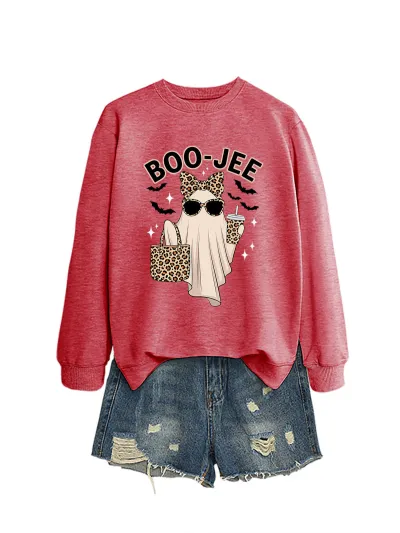 Halloween Women Fashion Cuteboo Jee Leopard Ghost Bat Printed Long Sleeve Sweatshirt