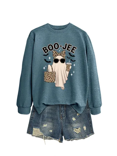 Halloween Women Fashion Cuteboo Jee Leopard Ghost Bat Printed Long Sleeve Sweatshirt
