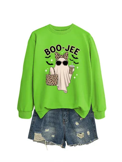 Halloween Women Fashion Cuteboo Jee Leopard Ghost Bat Printed Long Sleeve Sweatshirt