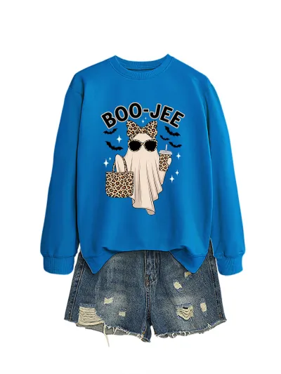 Halloween Women Fashion Cuteboo Jee Leopard Ghost Bat Printed Long Sleeve Sweatshirt