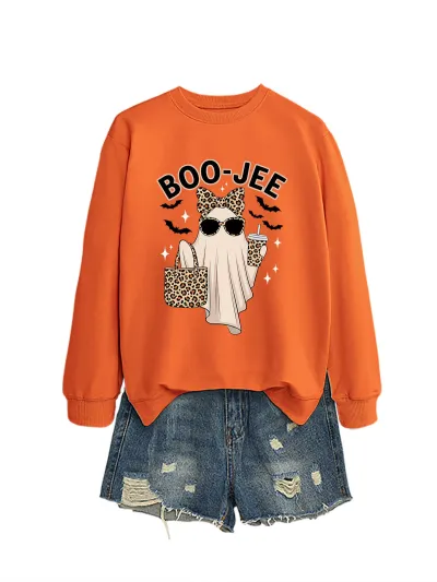 Halloween Women Fashion Cuteboo Jee Leopard Ghost Bat Printed Long Sleeve Sweatshirt