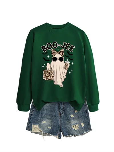 Halloween Women Fashion Cuteboo Jee Leopard Ghost Bat Printed Long Sleeve Sweatshirt