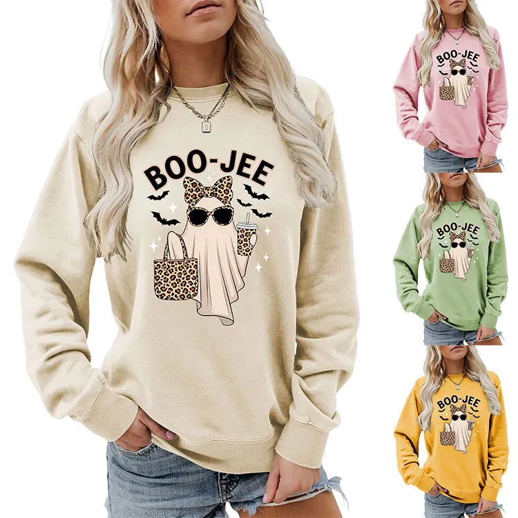 Halloween Women Fashion Cuteboo Jee Leopard Ghost Bat Printed Long Sleeve Sweatshirt