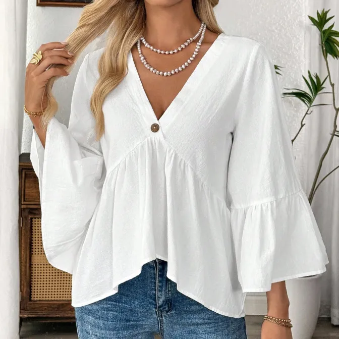 Women Casual Solid Color V-Neck Ruffle Sleeve Shirt
