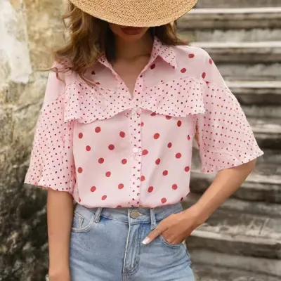 Women Casual Dot Print Ruffled Short-Sleeved Chiffon Shirt