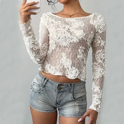 Women Sexy Lace Long Sleeve Cropped Top
