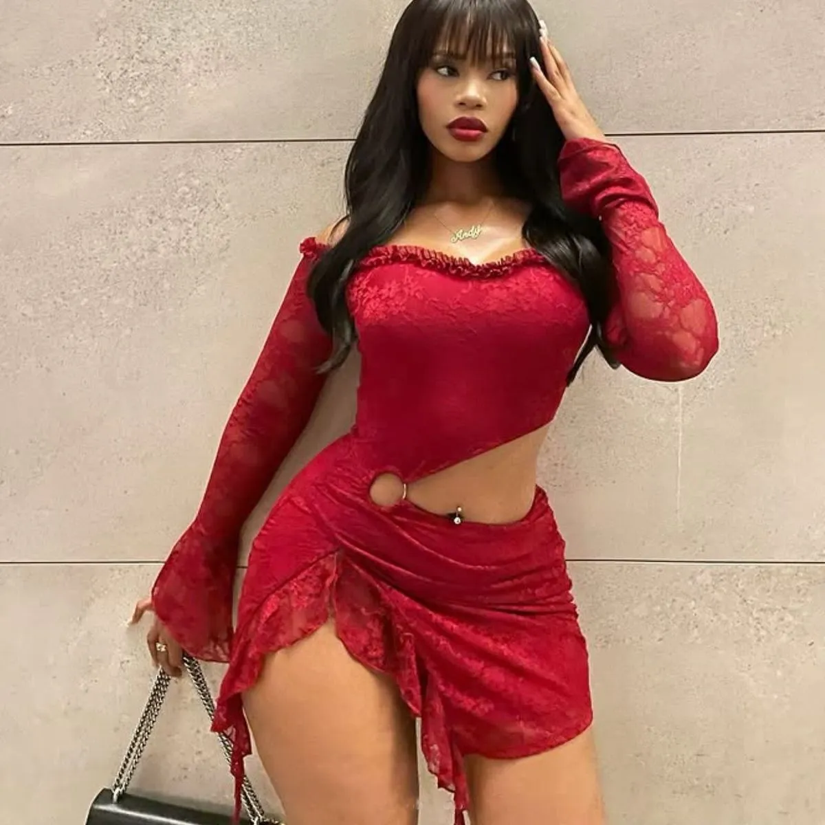 Women Fashion Sexy Solid Color Lace Stitching Off-Shoulder Tight Dress