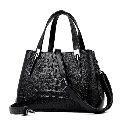 Women Fashion Casual Solid Color Crocodile Pattern Large Capacity Handbag