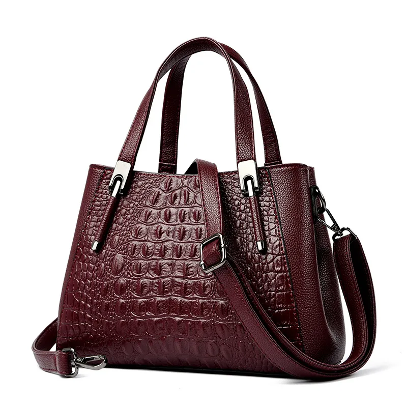 Women Fashion Casual Solid Color Crocodile Pattern Large Capacity Handbag