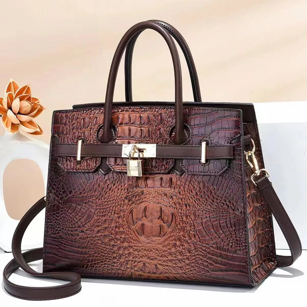 Women Fashion Casual Crocodile Pattern Large Capacity Handbag