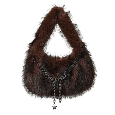 Women Fashion Casual Retro Autumn And Winter Solid Color Simple Plush Shoulder Bag