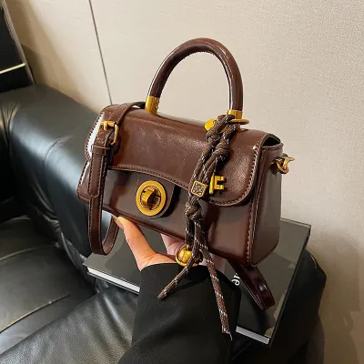 Women Fashion Casual Retro Solid Color Small Square With Pendant Shoulder Bag
