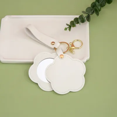 Women Fashion Creative Simple Floral Pu Leather Round Mirror Keychain
