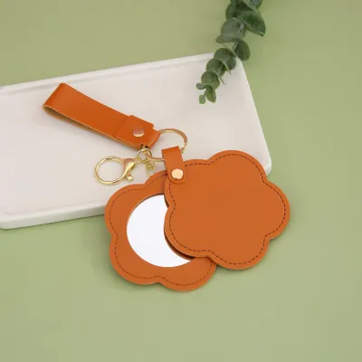 Women Fashion Creative Simple Floral Pu Leather Round Mirror Keychain