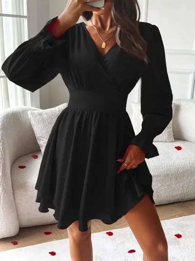 Women Fashion Solid Color Double-Layer V-Neck Long-Sleeve A-Line Dress