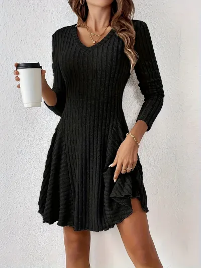 Women Fashion Autumn And Winter Solid Color V-Neck Long Sleeve A- Line Dress