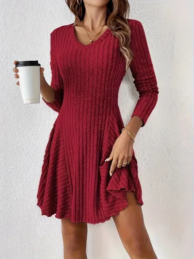 Women Fashion Autumn And Winter Solid Color V-Neck Long Sleeve A- Line Dress