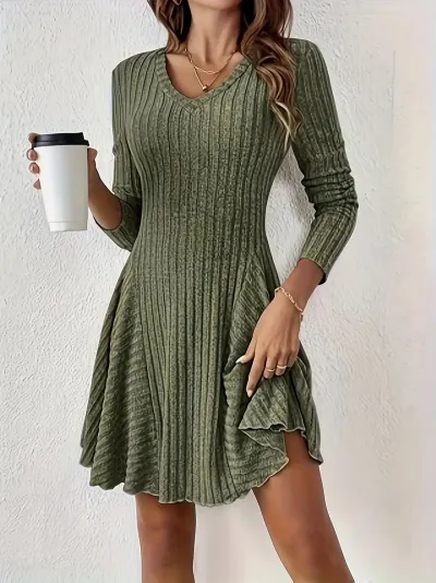 Women Fashion Autumn And Winter Solid Color V-Neck Long Sleeve A- Line Dress