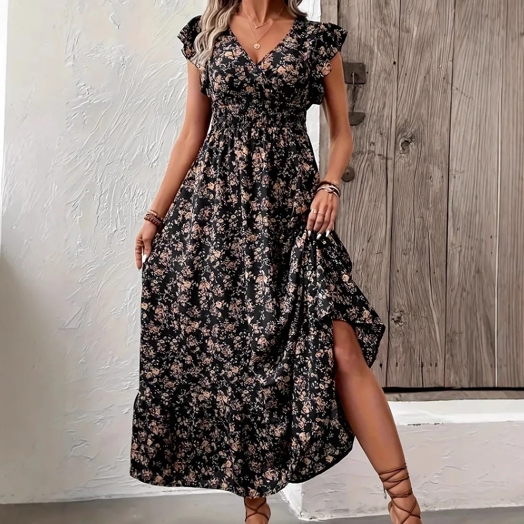 Women Fashion Casual Summer Flower Print V-Neck Short-Sleeve A-Line Loose Dress