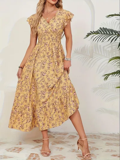 Women Fashion Casual Summer Flower Print V-Neck Short-Sleeve A-Line Loose Dress