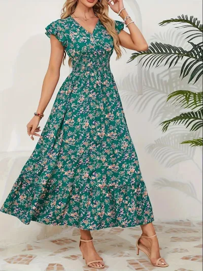Women Fashion Casual Summer Flower Print V-Neck Short-Sleeve A-Line Loose Dress