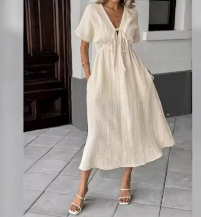 Women Fashion Casual Summer Solid Color V-Neck Short-Sleeve Loose A-Line Dress