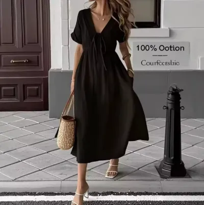 Women Fashion Casual Summer Solid Color V-Neck Short-Sleeve Loose A-Line Dress